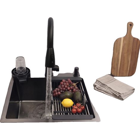 Lavello da cucina, 19,69 x 17,72 pollici, rubinetto estraibile da 15,75 pollici, dispenser di sapone da 300 ml, diametro dello scarico di 4,33 pollici, tipo di montaggio da appoggio/integrato (1/5)