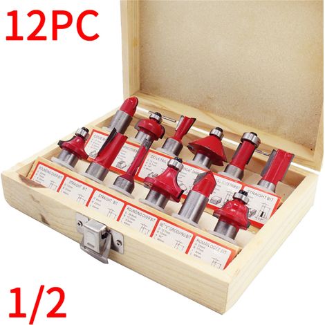Kit 12 pièces fraises à bois en carbure, tige 1/2 pouce pour défonceuse, toupie et gravure, ensemble outil de coupe pour menuiserie. (1/5)