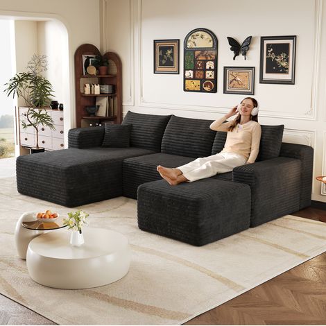 REDOM - Divano angolare modulare, senza montaggio, chaise longue reversibile, seduta profonda, tessuto nero (1/5)
