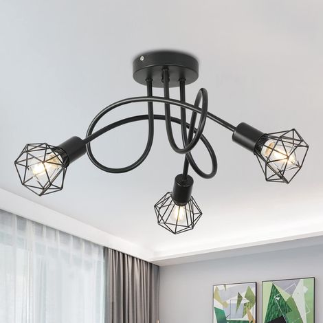 Plafonnier Industriel ,3 Spots Plafonnier en Métal Noir Cage, Spot d'éclairage suspendu E14 pour Cuisine Couloir Salon (ampoule non incluse) (1/5)