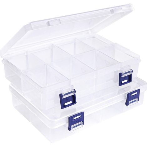 2 Pcs Storage Box Organizer Boxes with 8 Large Size Adjustable Compartments Transparent Grids Plastic Storage Box for Necklace, Jewelry, Earring Storage