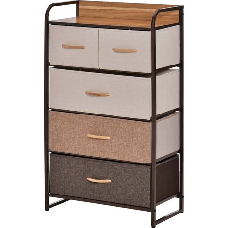 Cómoda, aparador con 5 cajones de tela plegables, tirador, armario de almacenamiento con protección antivuelco para salón, dormitorio, marrón
