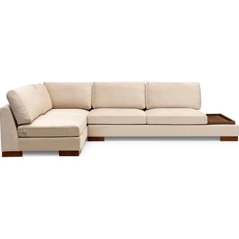 Canapé d'angle velours avec plateau en bois noyer Bakiza 313cm-Couleur Beige clair-angle gauche-avec pouf (1/5)