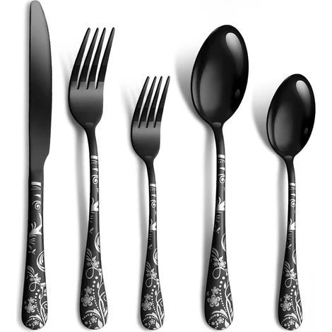 Couverts 20 pièces pour 4 personnes, Couverts de Table en acier inoxydable, Set Couverts de Table polis miroir, Couvert comprenant cuillère, couteau, fourchette (Noir)