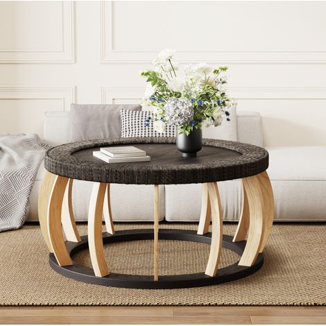 Table basse ronde en bois massif et MDF noir brun, 90 cm (1/5)