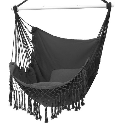 Chaise hamac, siège Suspendu avec 2 Coussins, Chaise Suspendue en macramé avec Poche latérale et Tige métallique à Haute capacité de Charge, pour l'intérieur et l'extérieur. (1/5)