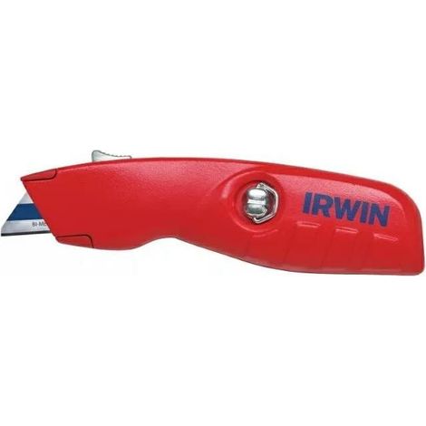 Navaja trapezoidal de seguridad, marca Irwin, modelo con hoja retráctil, uso en corte preciso y seguro, diseño ergonómico, mango antideslizante, alta durabilidad