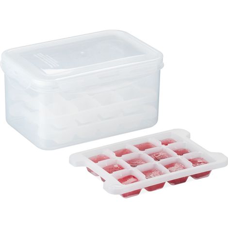 Relaxdays Ice Forms Set with Box and Lid, 4 Trays 48 Large Cubes Total, Easy-care, Plastic, 11 x 22 x 15 cm, Transparent