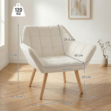 Fauteuil en bois de style scandinave, finition veloutée crème. Idéal pour le salon ou le bureau. Dimensions : 67 x 61,5 x 71 cm (1/5)