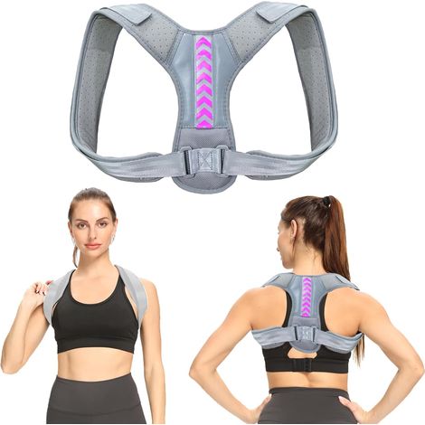 Correcteur de posture respirant pour le dos, convient aux femmes et aux hommes. Bretelles réglables pour un soutien dorsal optimal. Correcteur de posture gris. (1/5)