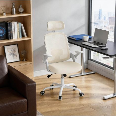 Silla de oficina ergonómica con respaldo alto, reposacabezas ajustable, malla beige, metal y PP (1/5)