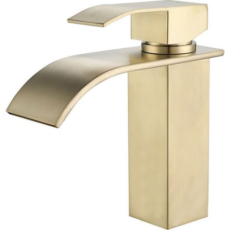 Robinet de Lavabo Cascade pour Salle de Bain, Mitigeur de Lavabo Vasque Robinetterie Cascade avec Bec Grand en Acier Inox, Or Brossé (1/4)