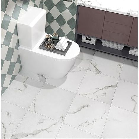 PVC Floors Adhesive Marble White 30 x 30 cm 5 Tiles PVC Stickers for Bathroom Floors Waterproof Vinyl Adhesive Floors White Tiles Floor Kitchen Living Room Marble Effect Tiles (1/5)