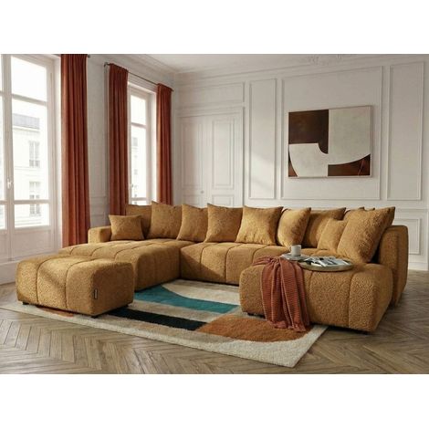 BOBOCHIC - Canapé panoramique convertible ROXELANE tissu bouclette avec pouf Angle gauche Jaune (1/3)
