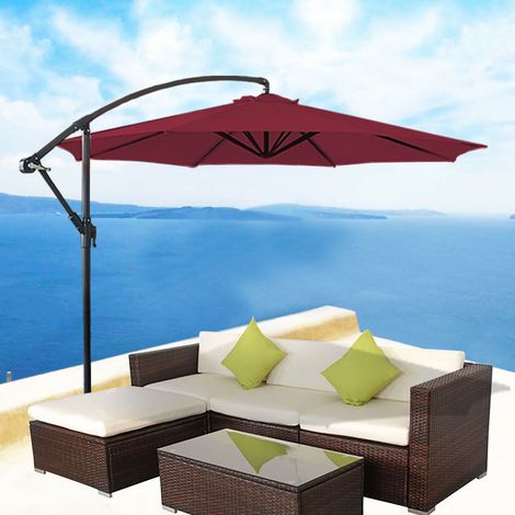 Greenbay 3m Garden Banana Parasol Patio Sun Shade Shelter Crank Hanging Rattan Cantilever Umbrella Wine (1/5)