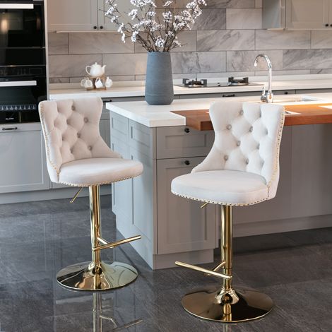 Tablourets de bar en velours pivotants, hauteur réglable 63-84 cm, chaises de bar avec dossier capitonné et clous dorés, piètement doré, tabourets de bar rembourrés pour îlot de cuisine, maison, pub, (1/5)