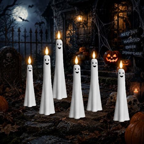 Neue LED-Stabkerzen mit Sensor – Gruselige Halloween-LED-Kerzen mit Smiley-Gesicht – 6 Stück – Fernbedienungsversion