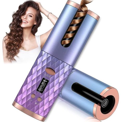 Fer à friser automatique, boucleur sans fil avec 6 températures et minuterie, fer à friser rechargeable en céramique, fer à friser rotatif portable (1/5)