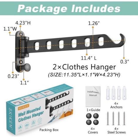 Porte-Manteau Mural avec Bras Pivotant, tendoir Mural, Séchoir à Linge Mural Rotation Pliable à 180, Suspendu Solide (2pcs (1/4)