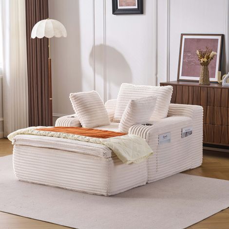 Canapé-lit en velours côtelé avec fonction couchage – Canapé relax modulaire pour salon, petit canapé moderne multifonction avec porte-gobelets et coussins