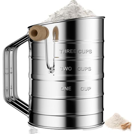 Tamis De Farine, 1pcs Tamis Farine En Acier Inoxydable 3 Cup Tamis à Pâtisserie Rotatif à Manivelle Tamis Cuisine pour Filtrer Farine pour La Farine De Cuisson Et Le Sucre En Poudre (Argent) (1/5)