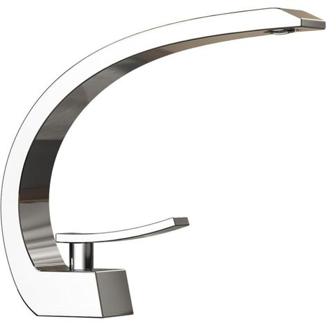 Robinet de lavabo contemporain à poignée unique et trou unique - Montage sur robinet en nickel brossé chromé - Robinet mitigeur incurvé argenté (1/4)