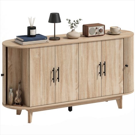 Buffet ovale effet chêne avec 4 portes, étagères réglables et panneaux cannelés, 147 cm (1/5)