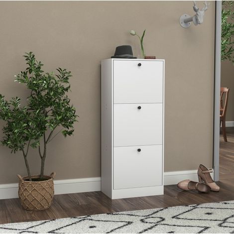 Zapatero (47x28x115 cm), con 3 abatibles, balda regulable, melamina, blanco (1/5)