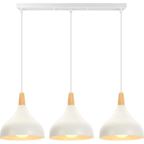 3 Lampes Suspension Luminaire Rétro E27 Lustre Suspension Moderne Style Goutte Chapeau Plafonnier Métal Bois Lampe de Plafond pour Salle à Manger Salon Cuisine, Ø 20CM (Blanc, Barre) (1/5)