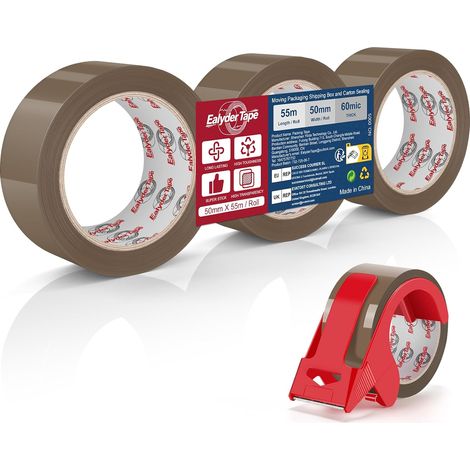 3 Rolls of Brown Packaging Tape 50 mm x 55 m Strong Adhesive with Dispenser (1/5)
