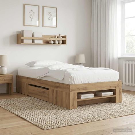 Cadre de lit 80 x 200 cm avec tiroirs de rangement en bois d'ingénierie chêne artisanal - PANGIVO (1/5)