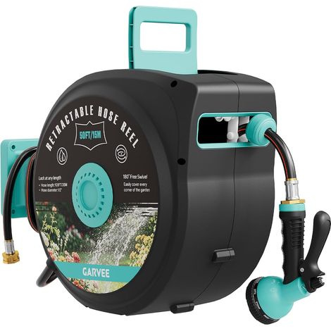 Carrete Manguera Jardín Retráctil Pared, Giro 180°,9 Modos, giro 180°, retorno lento y 9 modos para jardines grandes, vehículos y superficies exteriores，15 m (1/5)