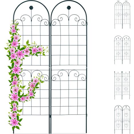 Relaxdays 2 enrejados de metal 180 x 50 cm, soporte vintage para jardín con arco y flores, ensamblable, verde oscuro
