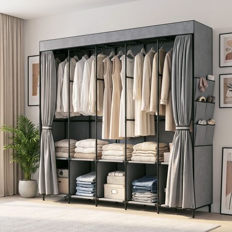 Armoire en tissu avec 5 tringles, 5 étagères, 6 poches latérales, fermeture éclair, structure en acier, 212 x 45 x 167 cm, grise (1/5)