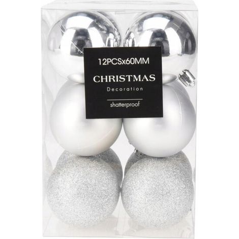 Ensemble de 12 boules de Noël argentées de 6 cm, à paillettes, effet miroir et brillance. (1/5)
