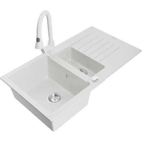 Mexen Matias lavello in granito 1,5 vasche con scolapiatti e rubinetto da cucina Elia, bianco - 6502-20-670101-20 (1/5)