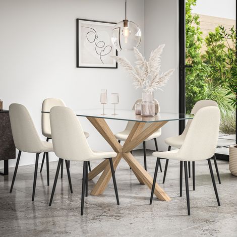 Etta Glass Dining Table And Chairs - Glass Top w Solid Oak Legs + Maya Boucle Dining Chair Set Of 6 (Ivory White) (1/5)