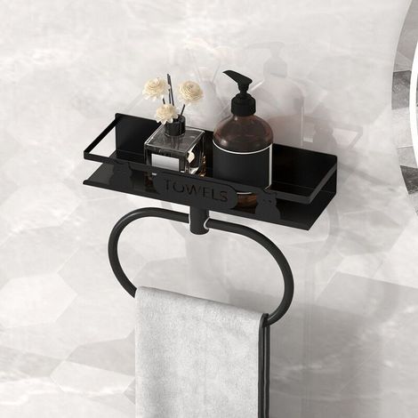 Étagère de toilette noire, porte-serviettes multifonctionnel, organisateur de douche, installation sans perçage (1/4)