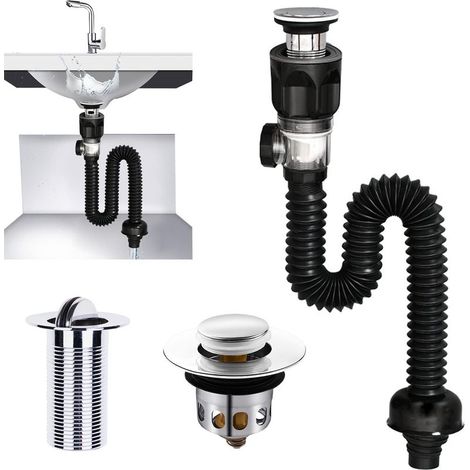 – Siphon de lavabo extensible 300-955 mm – Anti-odeur automatique – Compatible lavabos avec ou sans trop-plein – Laiton et acier inoxydable (1/5)