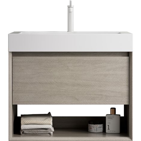Meuble vasque suspendu 70 cm avec lavabo rectangulaire en résine blanc, 1 tiroir et étagère ouverte, déjà monté pour salle de bain CHICFURN (1/5)