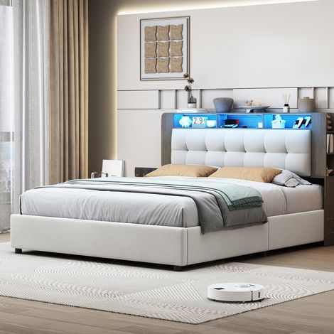 Lit coffre hydraulique 140x200 cm en velours blanc cassé, bandeau LED, tête avec rangement, chargeur sans fil (1/5)