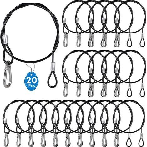 20 x Câble de Sécurité 52 mm en Acier Inoxydable avec Mousqueton de Sécurité n° 4, Câble de Suspension 3 mm avec Gaine en PVC Transparente, Capacité de Charge de 25 kg (1/5)