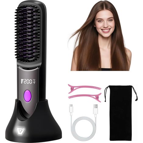 Mini Brosse Chauffante, Brosse Lissante Chauffante, Fer à lisser 160-200℃, USB Rechargeable, Anti-BrûLure, Chauffe Céramique Rapide, Brosse Lissante Sans Fil, pour Voyage et Domicile (1/5)