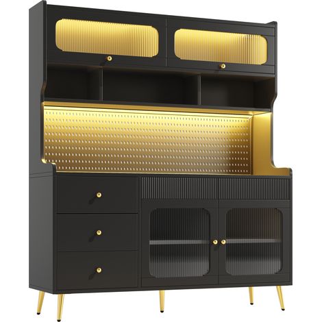Sideboard Hochschrank mit LED und App, Glas, Lochwand, Schublade, 145x39x171 cm, Schwarz (1/5)