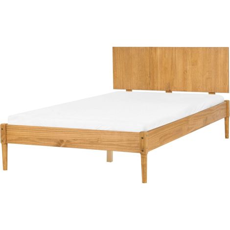 Lit Scandinave en Bois de Pin 120 x 200 cm Sommier à Lattes Tête de Lit Nervurée Marron Clair Ambazac (1/5)