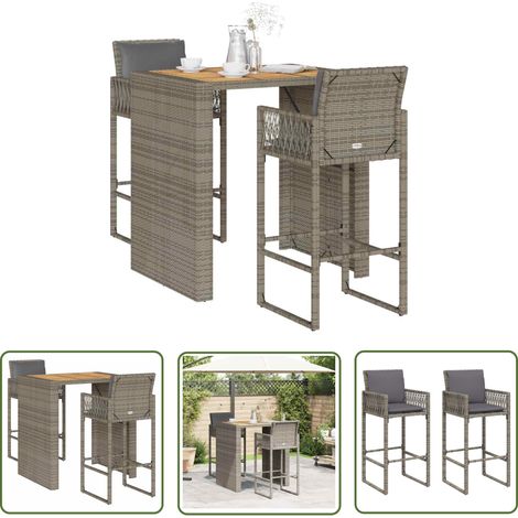 vidaXL 3-tlg. Gartenbar-Set mit Kissen Grau Poly Rattan Akazie (1/5)