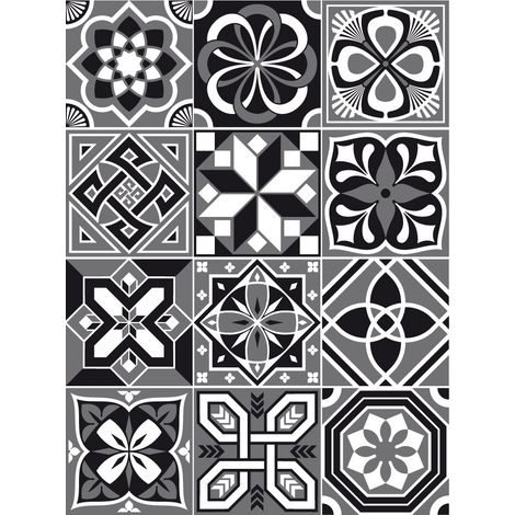 Planche de 12 Stickers Carreaux de Ciment Mosicblack – Autocollants Muraux Décoratifs Noir et Gris – 20 x 20 cm (1/4)