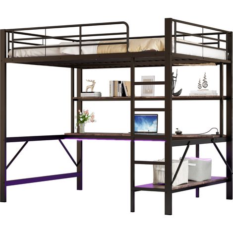 Lit mezzanine 140x200 cm avec bureau, étagères, LED multicolore, prises USB, garde-corps et échelle, structure métal et MDF noir pour chambre d'enfant – CHICFURN (1/5)
