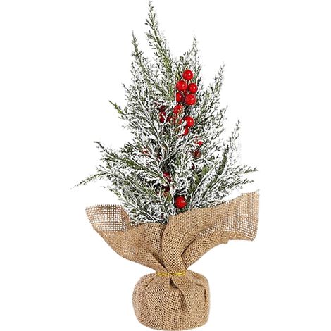 Décoration de sapin enneigé artificiel, mini branches de pin enneigées avec socle pour la maison et les fêtes, fruits rouges (1/2)
