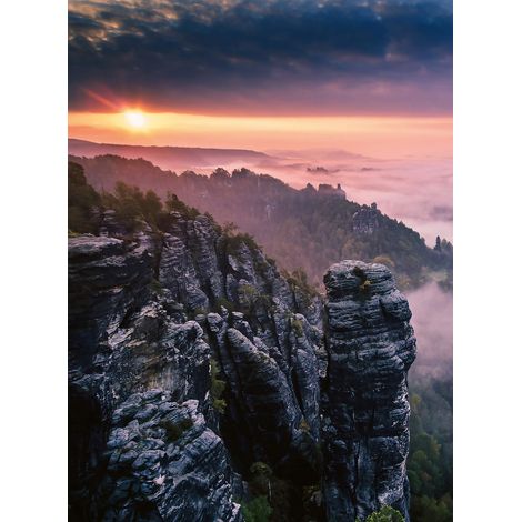 Papier peint panoramique paysage lever de soleil sur les rochers | Tapisserie panoramique gris & rouge | Papier peint panoramique chambre - 192 X 260 cm (4 pièces) (1/2)
